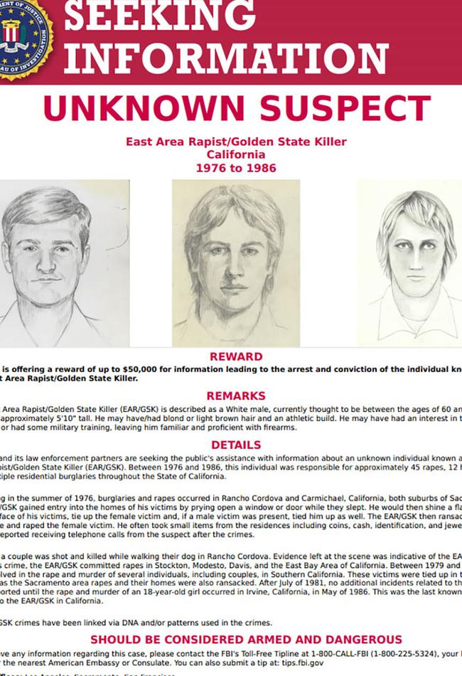 This FBI wanted poster shows drawings of a suspect known by three different names.