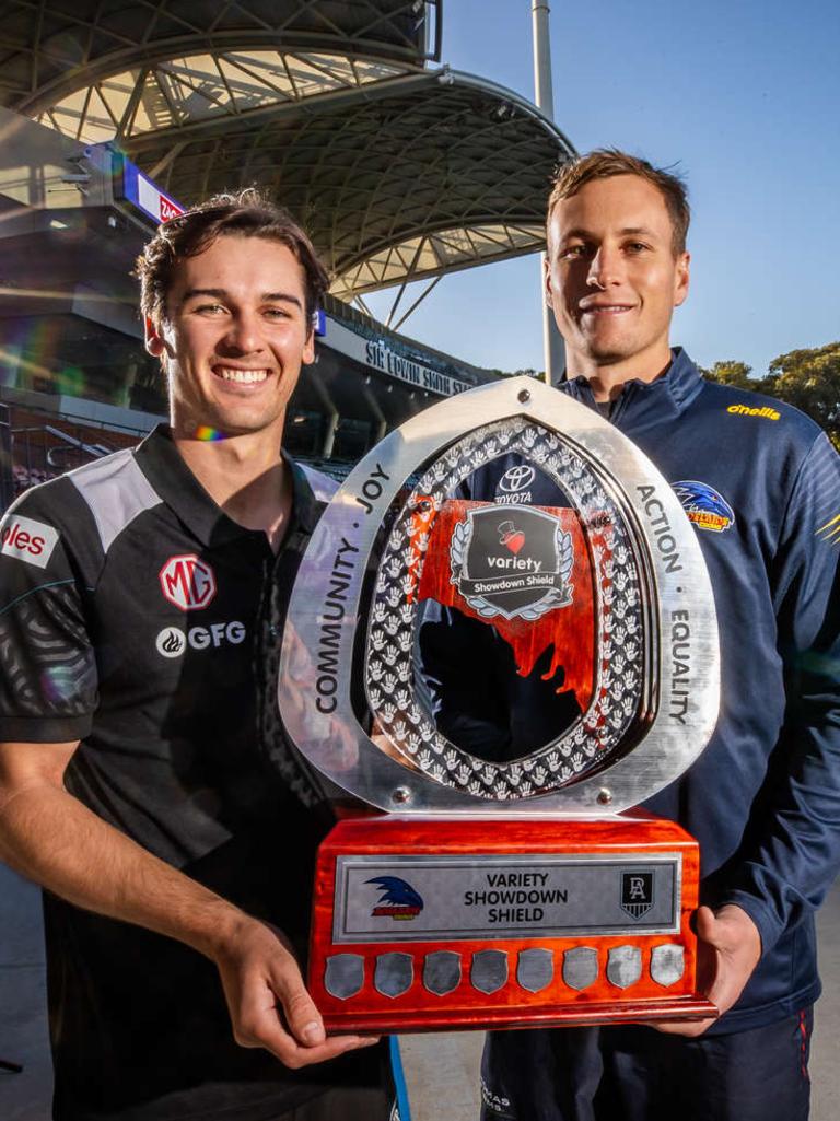 Port Adelaide captain Connor Rozee and Adelaide captain Jordan Dawson ahead of the Showdown. Picture: Tom Huntley