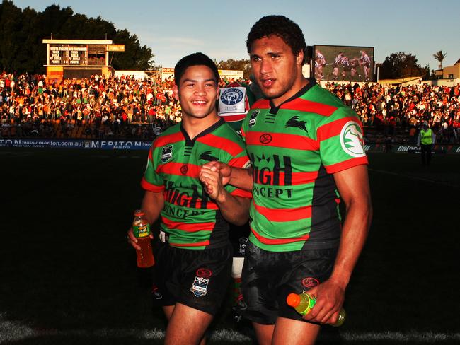 (L-R) Issac Luke and Yileen Gordon walk off at Leichhardt Oval after a win for the Rabbitohs in 2007. Picture: Phil Hillyard