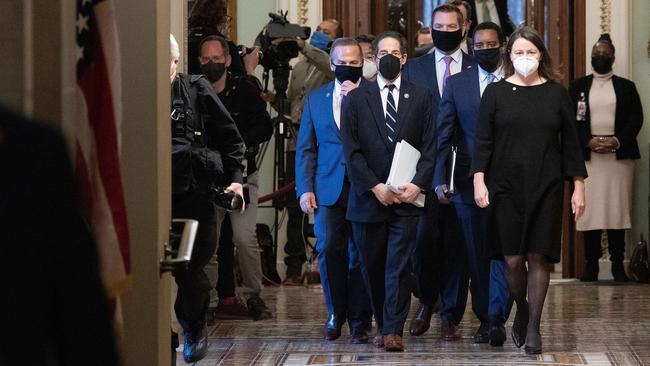 House impeachment managers led by Jamie Raskin depart the Senate. Picture: AFP