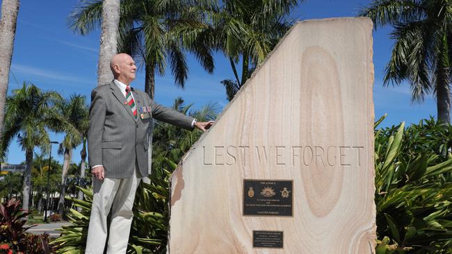 Vietnam veteran Clive Mitchell-Taylor, 72, is one of the many military resident at Seachange Lifestyle Resorts. Clive in front of the resorts Cenotaph. Picture Glenn Hampson