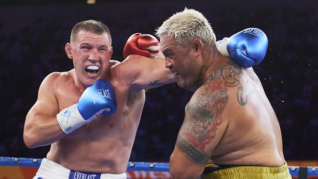 Justis Huni has called out Paul Gallen (left), who had a gutsy win over Mark Hunt last December.