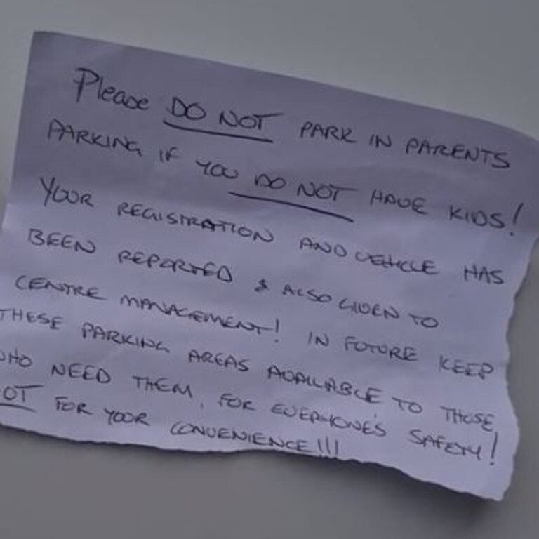 The note wrongly accused her of using a 'parents with prams' spot but not having children. Picture: TikTok/@infernoinsomnia