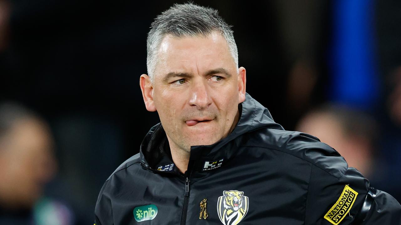 MELBOURNE, AUSTRALIA - AUG 03: Adem Yze, Senior Coach of the Tigers looks on during the 2024 AFL Round 21 match between the North Melbourne Kangaroos and the Richmond Tigers at Marvel Stadium on August 03, 2024 in Melbourne, Australia. (Photo by Dylan Burns/AFL Photos via Getty Images)