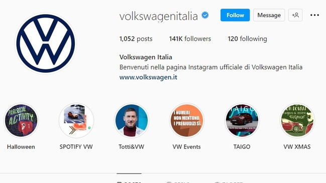 Thousands were in stitches over a word hidden in the Instagram handle of Volkswagen Italia. Picture: Instagram/volkswagenitalia