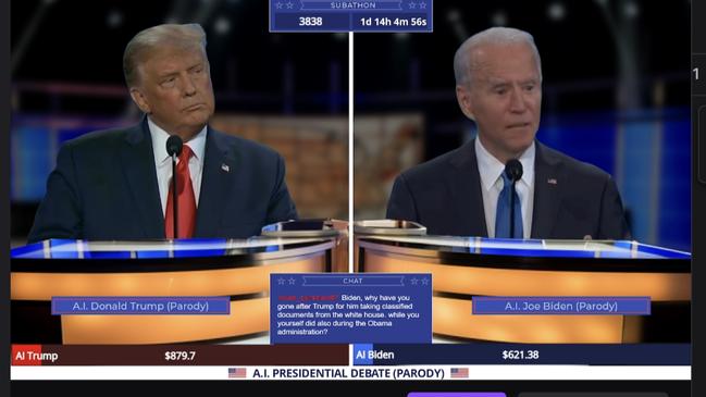 A deep fake of Donald Trump and Joe Biden in a ‘live’ debate which appeared on Twitch. Picture: Trumporbiden2024