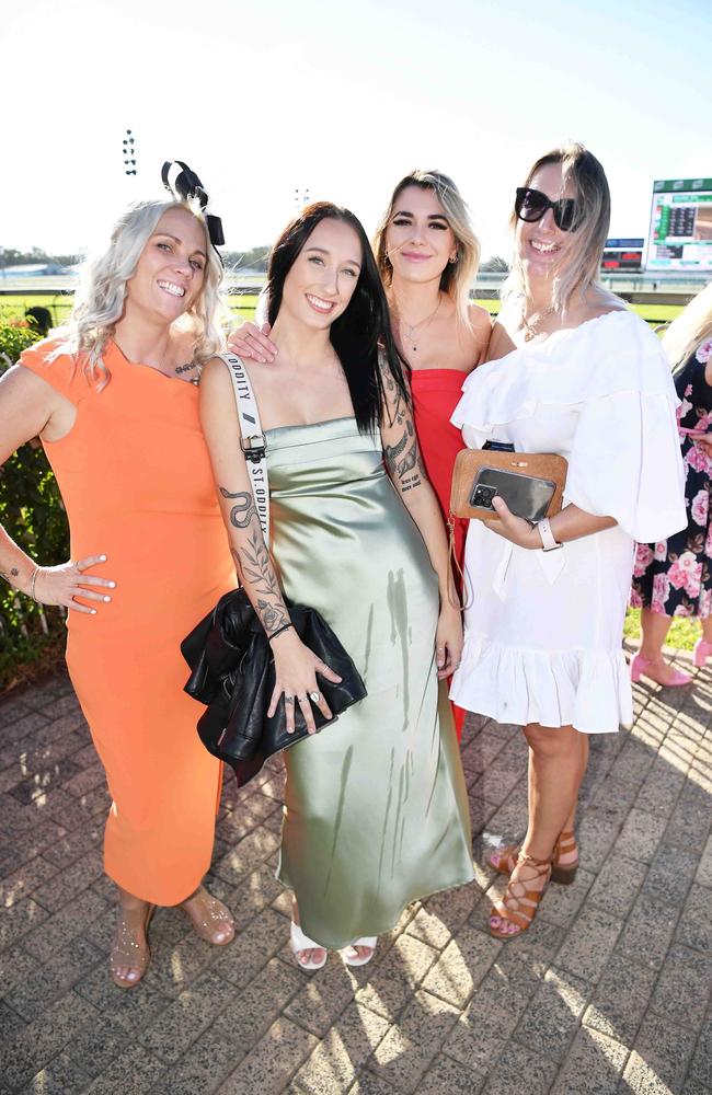 Dini Schubert, Indi Chipperfield, Naddie Grezlo and Tanya Chipperfield at Ladies Oaks Day, Caloundra. Picture: Patrick Woods.