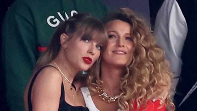 LAS VEGAS, NEVADA - FEBRUARY 11: Rapper Ice Spice, singer Taylor Swift and actress Blake Lively prior to Super Bowl LVIII between the San Francisco 49ers and Kansas City Chiefs at Allegiant Stadium on February 11, 2024 in Las Vegas, Nevada. (Photo by Steph Chambers/Getty Images)