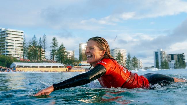 Eight-time World Surf League champion Stephanie Gilmore surfs in the Snapper World Champs Heat at the Bonsoy Gold Coast Pro on Saturday. (Photo by Andrew Shield/World Surf League)