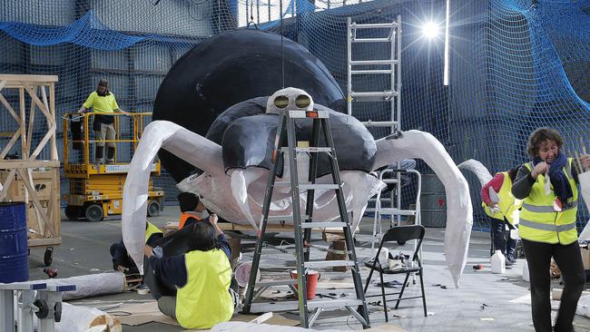 This year’s ogoh-ogoh – a huge Tasmanian cave spider – takes shape at Dark Park. Picture: MATHEW FARRELL