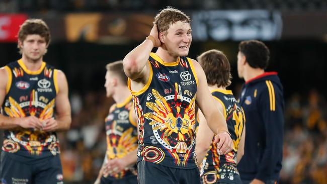 MELBOURNE, AUSTRALIA - JULY 10: Jordan Dawson of the Crows looks dejected after a loss during the 2022 AFL Round 17 match between the Hawthorn Hawks and the Adelaide Crows at Marvel Stadium on July 10, 2022 in Melbourne, Australia. (Photo by Michael Willson/AFL Photos via Getty Images)