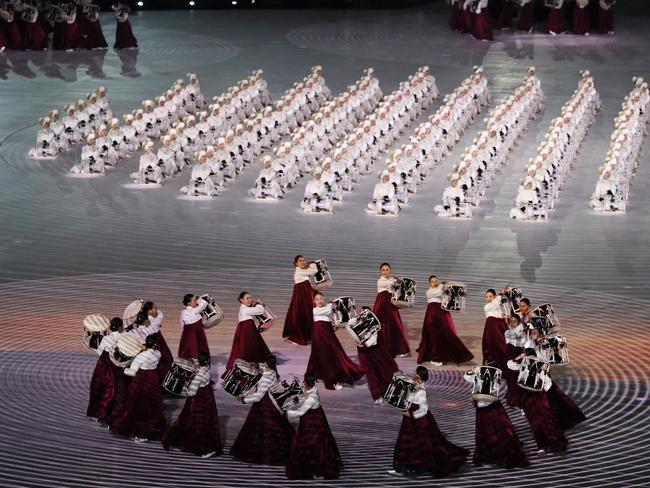 Dancers with drums create beautiful formations during the Opening Ceremony. Picture: Jamie Squire/Getty Images