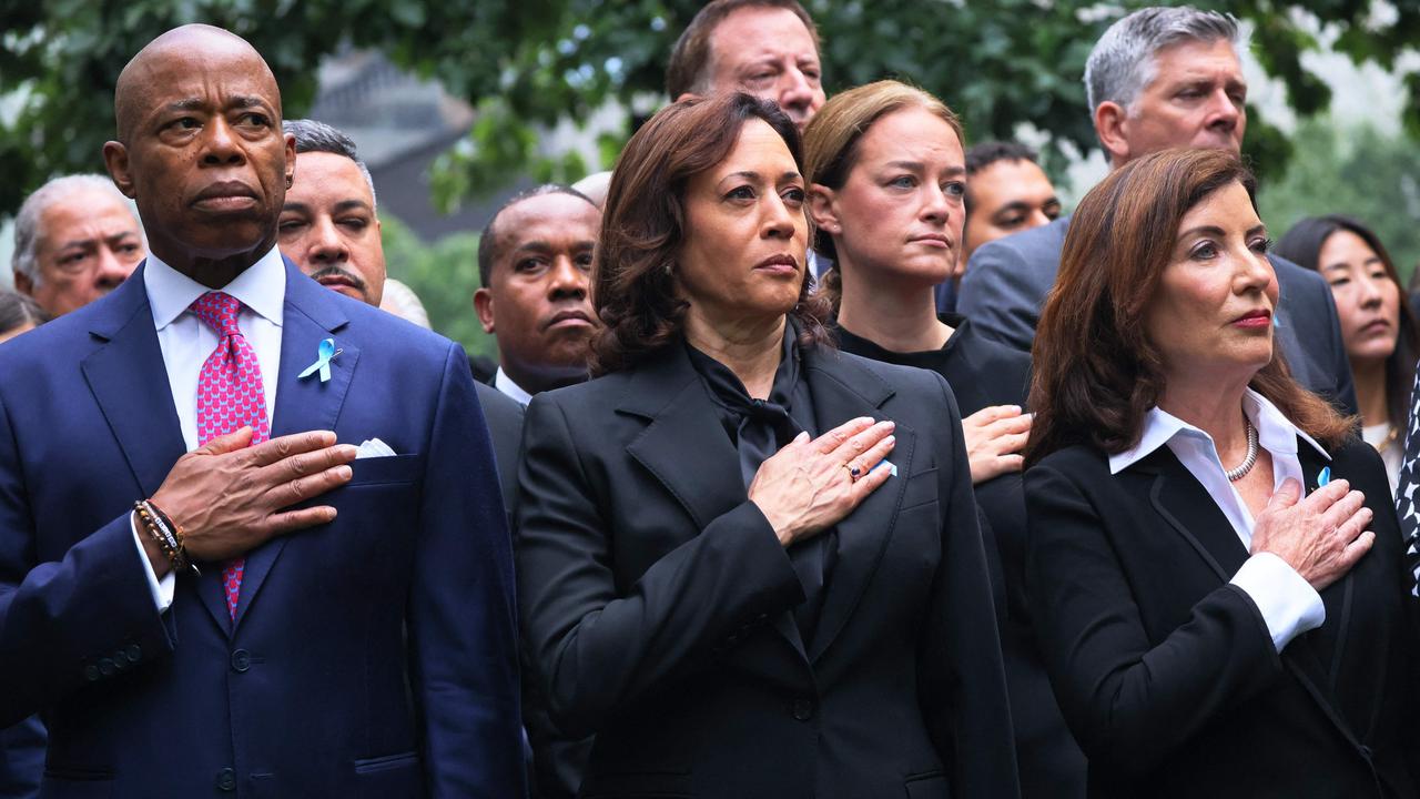 Vice President Kamala Harris flanked by New York Mayor Eric Adams and Governor Kathy Hochul. Picture: AFP