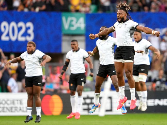 Fiji's players perform a Cibi (a Fijian war dance) ahead of their Cup Pool C match against Australia. Picture: Francis BOMPARD / AFP