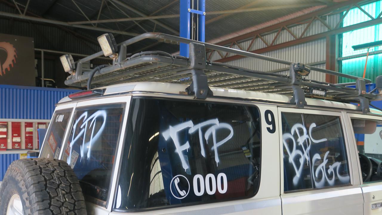 Vandalised vehicles in the Autocorrect workshop, May 30, 2024. Autocorrect and four other businesses in Alice Springs were targeted in ram-raids on May 30, 2024, with the damage bill set to cost the businesses thousands.