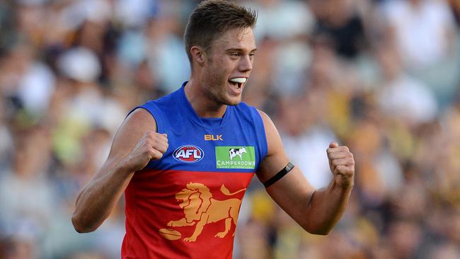 Josh Schache celebrates a goal for the Lions. Picture: Daniel Wilkins