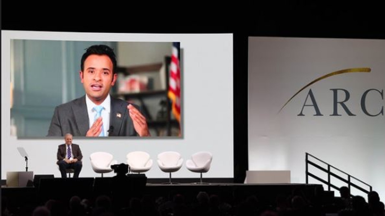 Peter Costello interviews American businessman and politician Vivek Ramaswamy at the Alliance for Responsible Citizenship (ARC) conference in London. Picture: Supplied