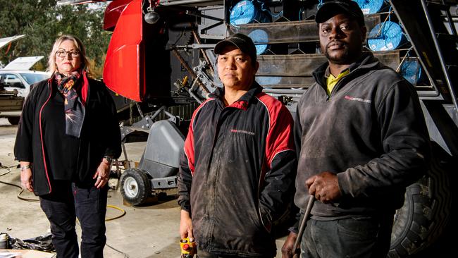 WSB Distributors manager Debra Wehrmann with diesel technicians Darius Aviles and Tatenda Katonda in Clare. Read her story below. Picture: The Advertiser / Morgan Sette