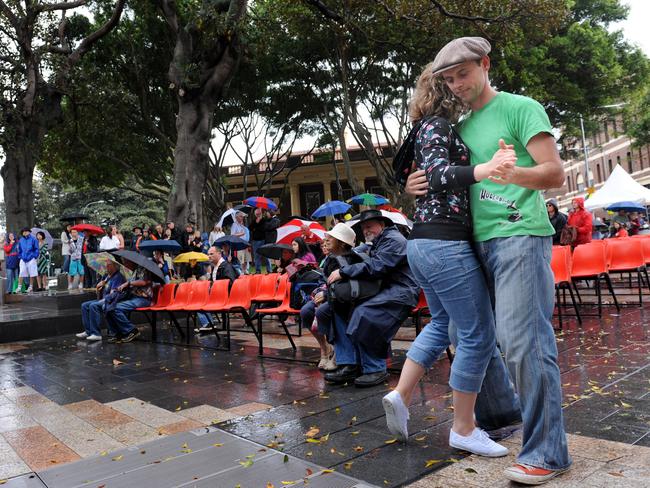 The Manly Jazz festival on a very rainy Saturday. Dean Scott and Phillipa Reville having a dance in 2008. Picture: Annika Enderborg