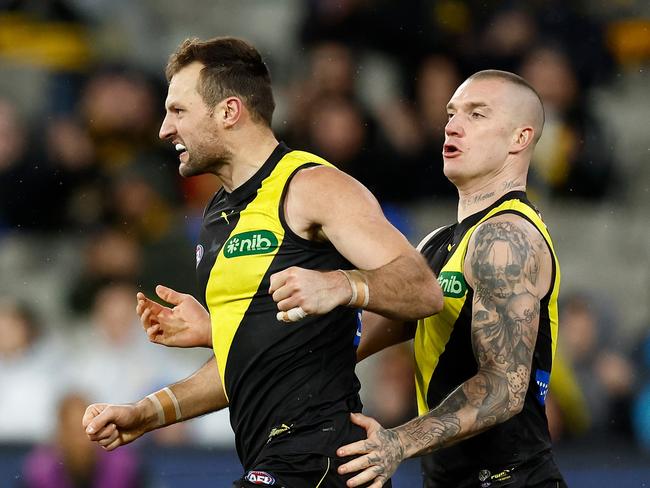 MELBOURNE, AUSTRALIA – JULY 06: Toby Nankervis (left) and Dustin Martin of the Tigers celebrate during the 2023 AFL Round 17 match between the Richmond Tigers and the Sydney Swans at the Melbourne Cricket Ground on July 6, 2023 in Melbourne, Australia. (Photo by Michael Willson/AFL Photos via Getty Images)