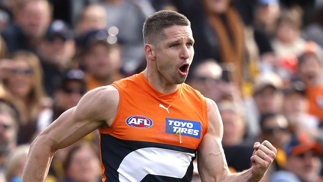 Giants Jesse Hogan celebrates kicking a goal during the AFL Round 21 match between the GWS Giants and Hawthorn Hawks at Manuka Oval, Canberra on August 4, 2024. Photo by Phil Hillyard (Image Supplied for Editorial Use only - **NO ON SALES** - Â©Phil Hillyard )