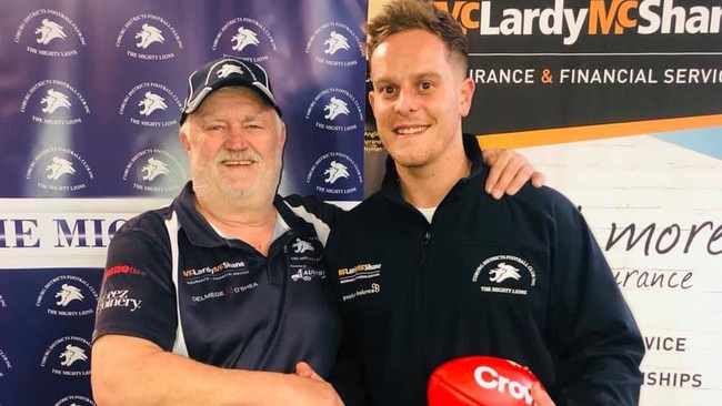 Coburg Districts president Allan Chandler shakes on it with coach Tom Gleeson. Picture: Facebook