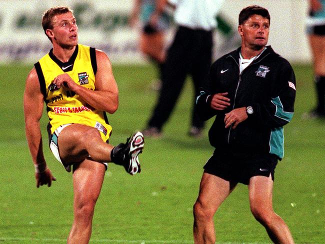 Michael Wilson and Geoff Morris at Port Adelaide training in 2000.