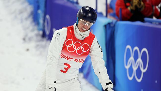 Aussie Laura Peel reacts after crashing during the women's freestyle skiing aerials final. Picture: Cameron Spencer/Getty Images