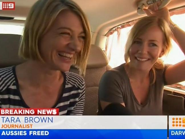 Tara Brown and Sally Faulkner after being released. Picture: Channel 9