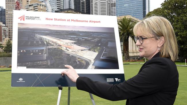 Deputy Premier Jacinta Allan looks over plans for the Melbourne Airport Rail link. Picture: NCA NewsWire