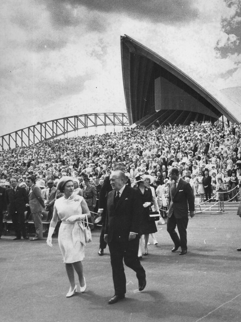 Queen Elizabeth II, overseas tour of Australia in 1973-1974. Attending the opening of the Opera House in 1973.