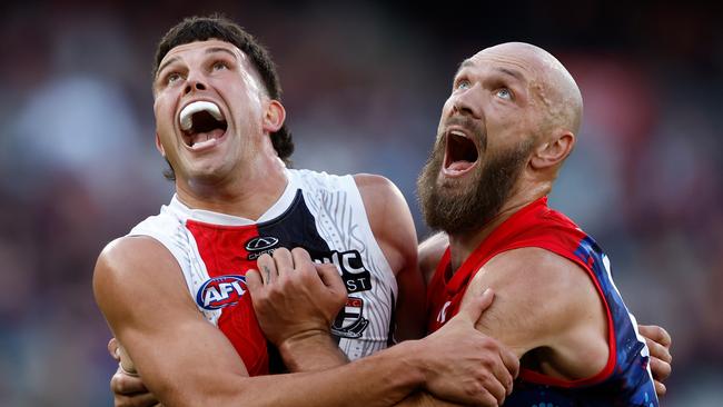 Rowan Marshall tangles with Max Gawn. Picture: Michael Willson/AFL Photos via Getty Images