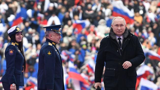 Vladimir Putin at a ‘patriotic concert’ dedicated to the Defender of the Fatherland Day in 2023. Picture: Sputnik / AFP