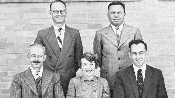 Sandgate District State High School foundation staff in 1959: (front) principal Mr Vise, Mrs Mathers and Mr Faragher with (back) Mr Lutrell and Mr Lyons.