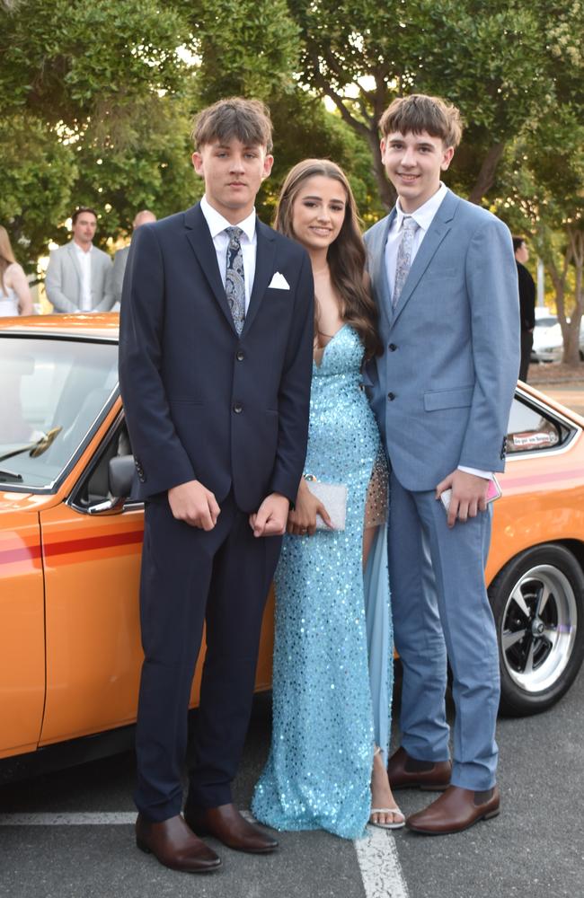 Rachel Mayne, Jake Toohill and Brodie Philpott at Kawana Waters State College Year 12 formal 2024.