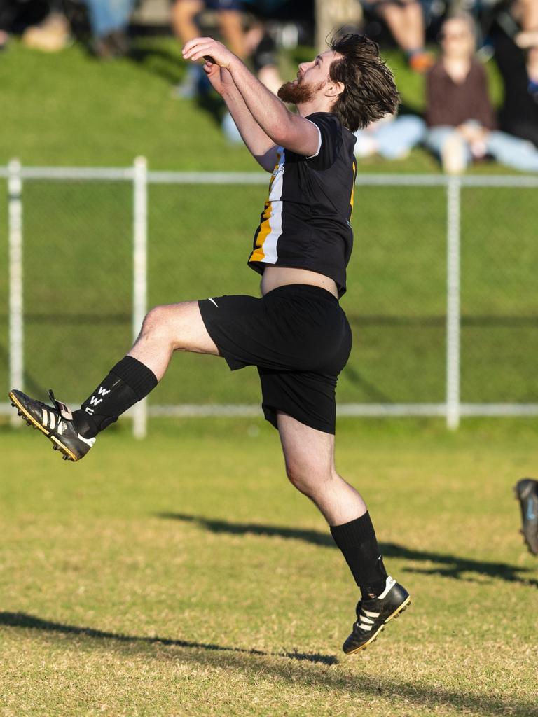 Ryan Knight of West Wanderers against Willowburn in FQPL Men Darling Downs Presidents Cup football at West Wanderers, Sunday, July 24, 2022. Picture: Kevin Farmer