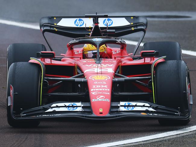 FIORANO MODENESE, ITALY - JANUARY 22: Lewis Hamilton of Great Britain driving the (44) Ferrari SF-23 on track during his first official days as a Scuderia Ferrari F1 driver at Fiorano Circuit on January 22, 2025 in Fiorano Modenese, Italy. (Photo by Clive Rose/Getty Images)