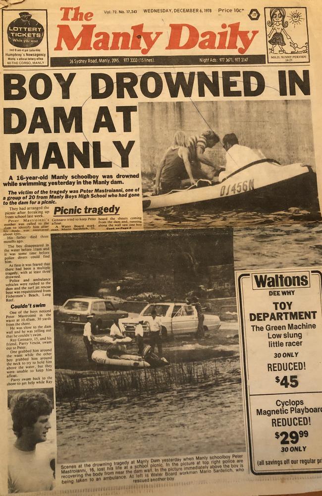 The front page of the Manly Daily from December 6, 1978, with the article about the rescue and drowning at Manly Dam.