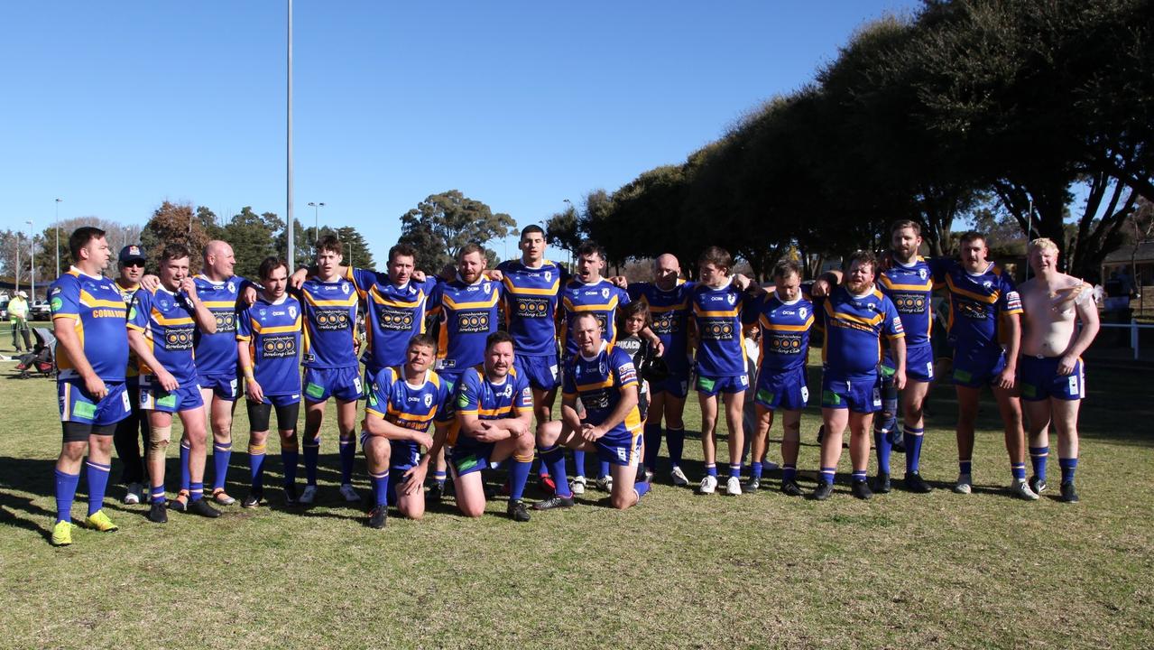 Former South Sydney premiership player Kyle Turner (back, ninth from left) in action for the Coonabarabran Unicorns in July. Credit: Facebook