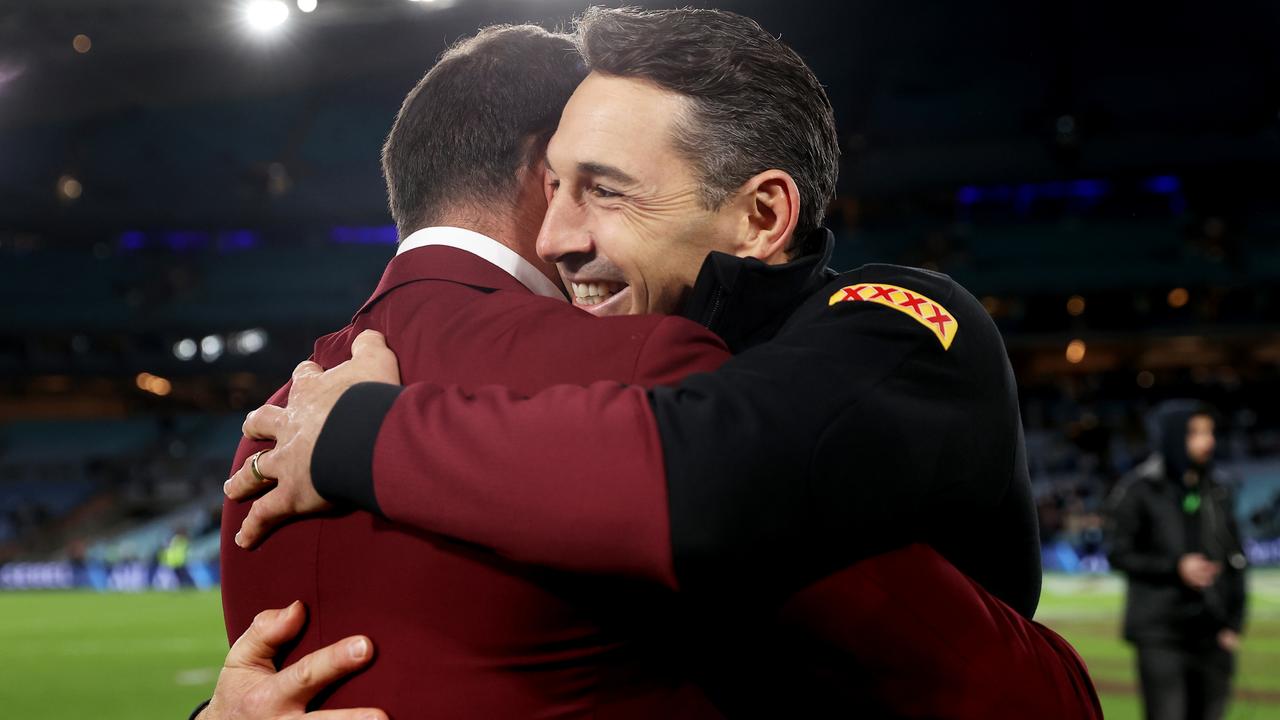 SYDNEY, AUSTRALIA - JUNE 08: Cameron Smith (L) and Maroons head coach Billy Slater (R) celebrate victory after game one of the 2022 State of Origin series between the New South Wales Blues and the Queensland Maroons at Accor Stadium on June 08, 2022, in Sydney, Australia. (Photo by Mark Kolbe/Getty Images)