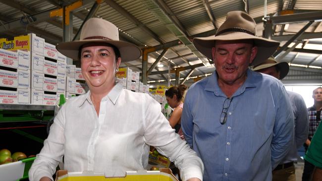 Premier Annastacia Palaszczuk with Mike Brunker in Bowen on Monday. Picture: NCA NewsWire / Dan Peled