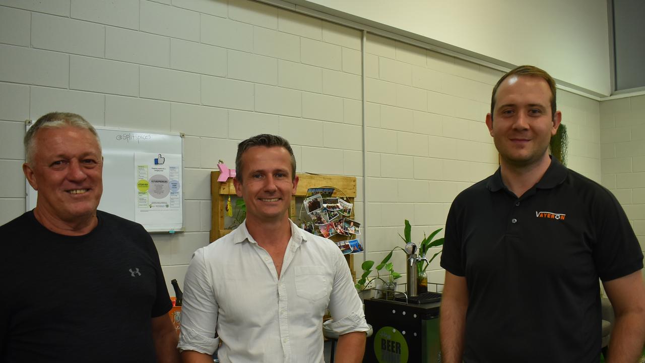 Mackay Councillor Russell Seymour with Aaron Birkby and Ryan Norris at the Homemade Heroes launch at Split Spaces. Picture: Tara Miko