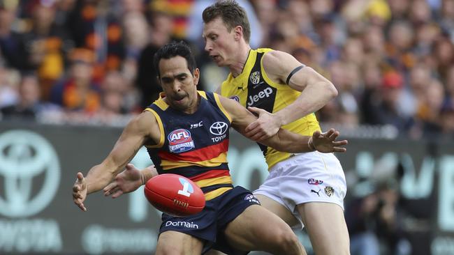 Eddie Betts and Dylan Grimes contest the ball in the goal square in the second term. Picture: Alex Coppel