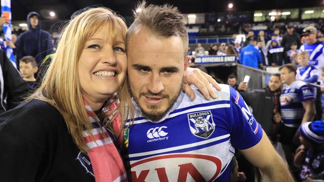 Josh Reynolds with mum Nicole after his last game at Belmore for the Bulldogs. Picture: Mark Evans