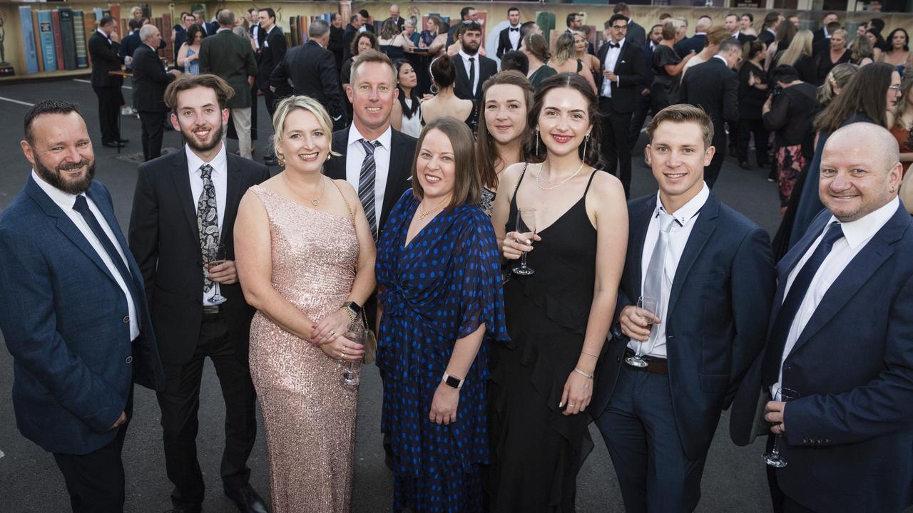 Representing ALE Group are (from left) Darryl Moore, Josh Lane, Rachel Lane, Campbell Lane, Lian Stahlhut, Rozanne Ferreira, Taleisha Hunkin, Kyle Lane and Brendan Moore at the Focus HR Business Excellence Awards 2023 hosted by Toowoomba Chamber at Rumours International, Saturday, October 21, 2023. Picture: Kevin Farmer