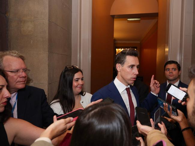 Sen. Josh Hawley is surrounded by press after he leaves his meeting with Gaetz and Vance. Picture: Getty Images.