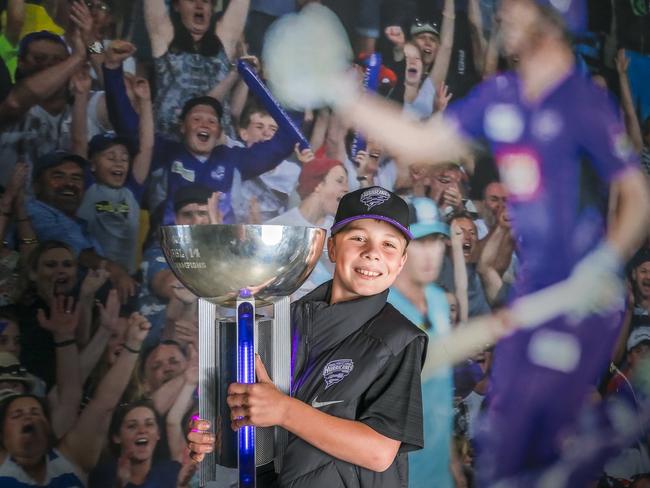 Charlie Meers, 9, at Ninja Stadium with the BBL Trophy. Picture: Caroline Tan