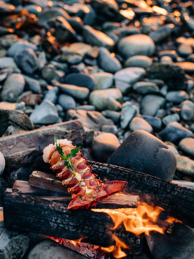 A crayfish tail cooked on a beach barbecue at Kittawa Lodge on King Island. Picture: ADAM GIBSON