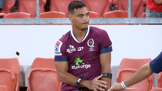 Reds centre Jordan Petaia after limping off injured for the Queensland Reds against the Crusaders at Suncorp Stadium. Photo: Chris Cutler, Sportography