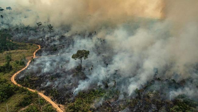 Handout aerial picture released by Greenpeace showing smoke billowing from fires in the forest in the Amazon biome in the municipality of Altamira, Para State, Brazil, on August 23, 2019. - Hundreds of new fires are raging in the Amazon rainforest in northern Brazil, official data showed on August 24, 2019, amid growing international pressure on President Jair Bolsonaro to put out the worst blazes in years. The fires in the world's largest rainforest have triggered a global outcry and are dominating the G7 meeting in Biarritz in southern France. (Photo by Victor MORIYAMA / GREENPEACE / AFP) / RESTRICTED TO EDITORIAL USE - MANDATORY CREDIT "AFP PHOTO / GREENPEACE / VICTOR MORIYAMA" - NO MARKETING - NO ADVERTISING CAMPAIGNS - DISTRIBUTED AS A SERVICE TO CLIENTS